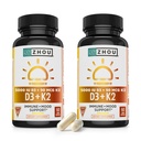 ZHOU D3+K2 - Vitamin D3 K2 Supplement for Women & Men, Immune Support VIT D3 and K2 Supplements, Pure Vegetarian Formula with 5000 IU of VIT D and MK-7-60 Veggie Capsules (Pack of 2)