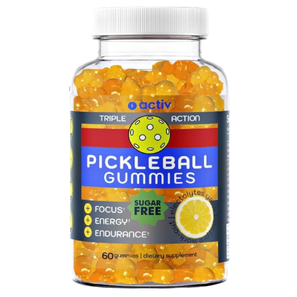 Pickleball Gummies | Triple Action Endurance Focus Energy | With 5 Electrolytes and Vitamin B | Vegan and Keto Non-GMO | Game-Time readiness and endurance | Lemon Sugar Free gummies | 60 ct