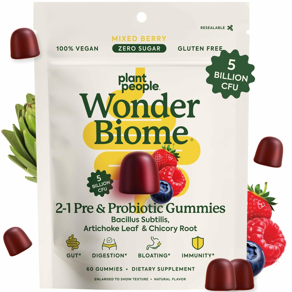 Plant People WonderBiome 2-in-1 Prebiotic + Probiotic Gummies – Zero-Sugar Vegan Digestive Health & Bloating Relief – 5 Billion CFU Bacillus Subtilis DE111 + Artichoke & Chicory – 60 Count
