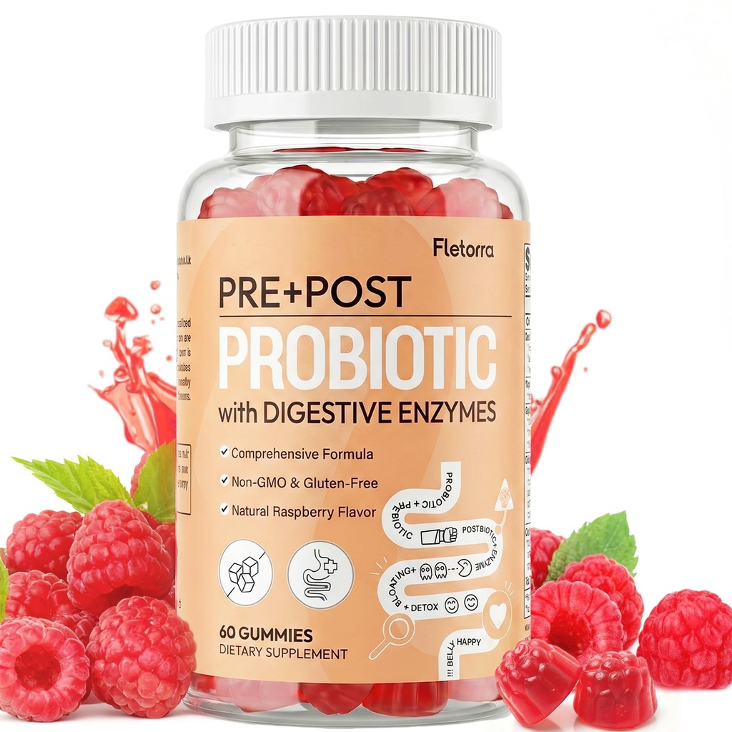 Probiotic Gummies, 5-in-1 Pre and Post Probiotics for Women & Men, with 16 Digestive Enzymes for Gut Health, Digestion, Immunity, 0 Sugar, Prebiotics and Probiotics, 60 Gummies