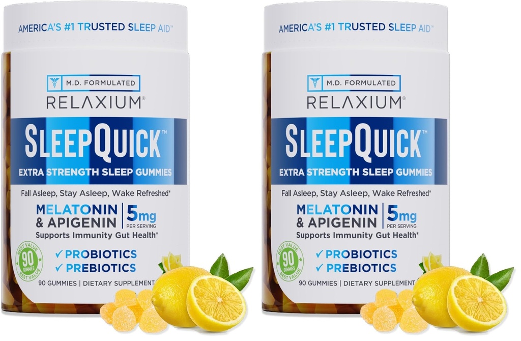 Relaxium SleepQuick Gummies - Sleep Aid + Gut Health & Immune Support, 5mg Melatonin, Vitamin D-3 + Prebiotic & Probiotic Blend, Gluten & Drug Free, Lemon Flavor, 90 Gummies (Pack of 2)