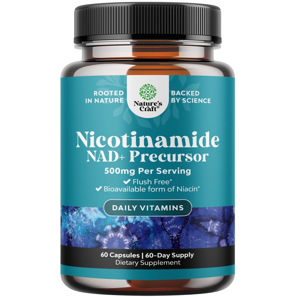 Vitamine B3 Niacinamide 500 mg Capsules - Mitochondriale energie en krachtige huidsupplement - Vitamine B3 Niacin Flush Free en Nicotinamide 500mg - Flush Free Niacin Supplement - 60 Tel.