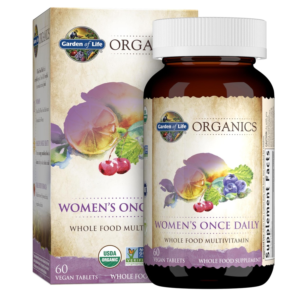 Garden of Life Organics Multivitamine voor vrouwen - Women's Once Daily Multi - Whole Food Multi met ijzer, Biotin, Vegan Organic Womens Multivitamine voor gezondheid, energie haar huid en nagels, 60 tabletten