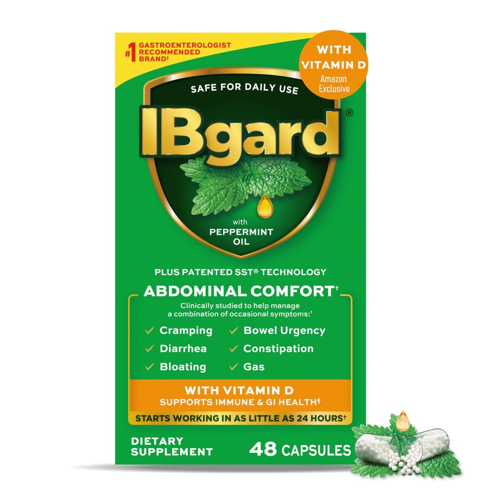 IBgard Met Vitamine D, Pepermunt Olie Capsules, Ondersteunt Immune en GI Gezondheid, 48 Capsules (exclusive)