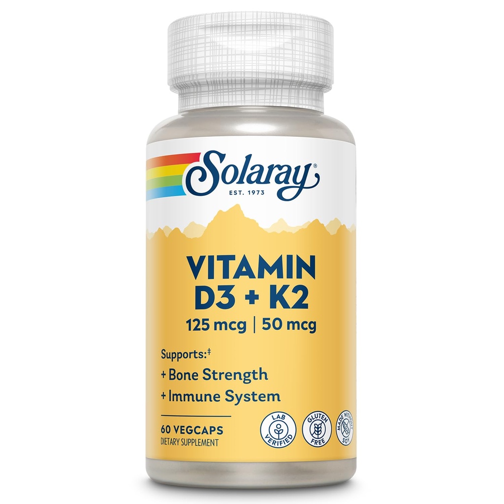 SOLARAY Vitamine D3 K2 - Bone Health and Immune Support Supplement - met 5000 IE Vitamine D als VIT D3 en 50 mcg Vitamine K2 als Menochinon MK7, Made Without Soy, 60-Day Garantie, 60 Serv, 60 VegCaps