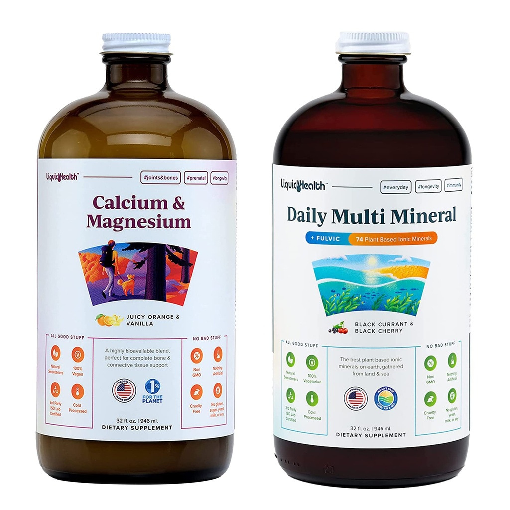 LIQUIDHEALTH Calcium Magnesium Vitaminen & Daily Multi Minerals Liquid Supplement Bundle for Adults - Immune System, Bone & Joint Support, Improve Mobility, Enhancement Energy - Vegan, Non-GMO, USA Made
