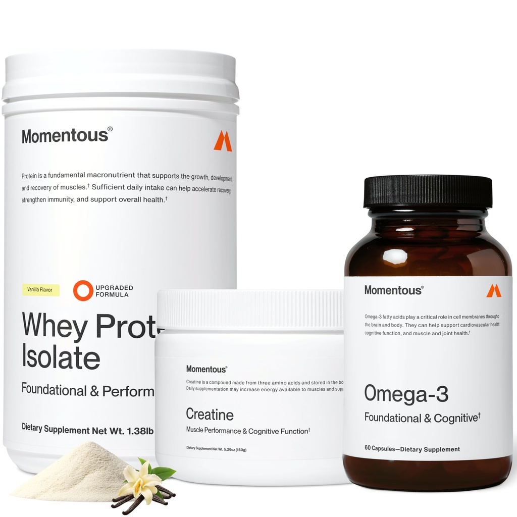 Momentvol Drie - Creatine Monohydraat Poeder (30 porties), Grass-Fed Wei Proteïne Poeder (Vanilla) & Omega-3 Visolie 1600mg - Dagelijkse Essentials voor sterkte, prestaties en spierherstel
