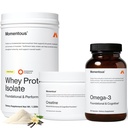 Momentvol Drie - Creatine Monohydraat Poeder (30 porties), Grass-Fed Wei Proteïne Poeder (Vanilla) & Omega-3 Visolie 1600mg - Dagelijkse Essentials voor sterkte, prestaties en spierherstel