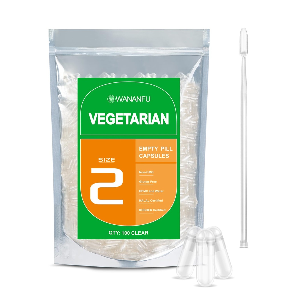 wananfu Maat 2 Lege capsules Vegetarisch (100 telling) Bundel met 2 Micro Lab Lepels, Wis Vulbare Veggie Pill Capsules Maat 2 voor het maken van uw eigen supplementen