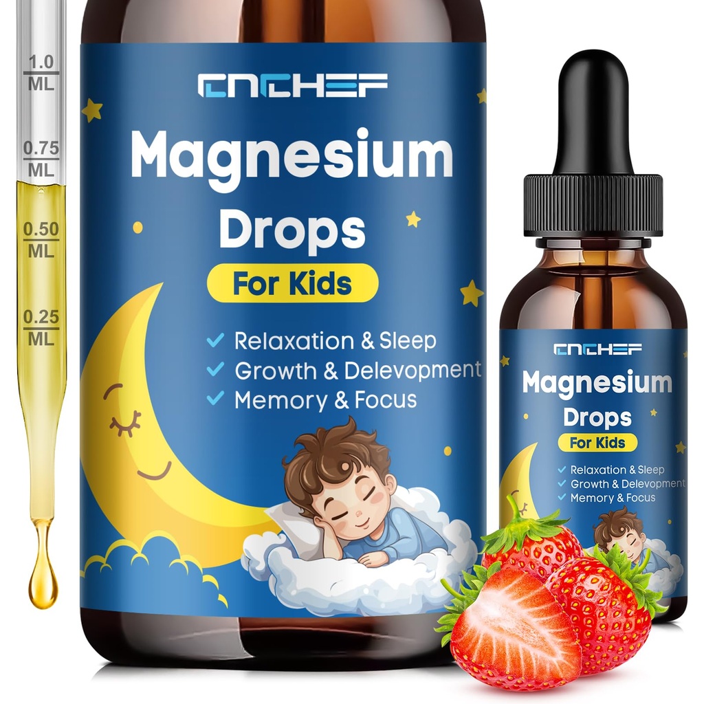 Magnesium Drops - Magnesium Glycinate Liquid Drops for Kids - Calm, Sleep, Relaxation, Bones, Brain Support with Vitamin B6, C, D3, Omega-3, L-Theanine, Zinc, Multivitamins - Strawberry Flavor 2 Fl Oz