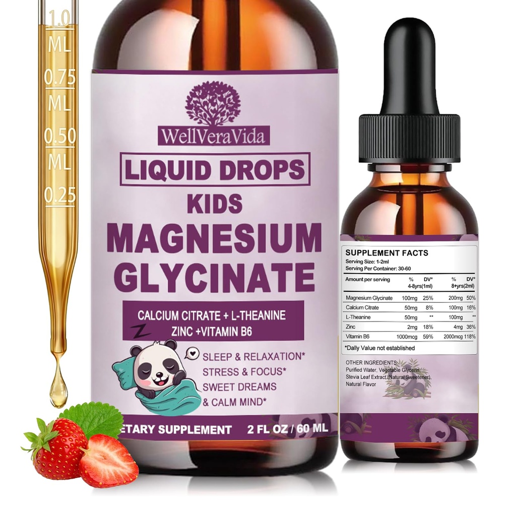 Magnesium Glycinate Liquid for Kids & Adults, Magnesium Glycinate 200/100mg with Calcium, L-theanine, Vitamin B6 Zinc for Restful Sleep,Brain & Focus, High Absorption Magnesium Bisglycinate Supplement