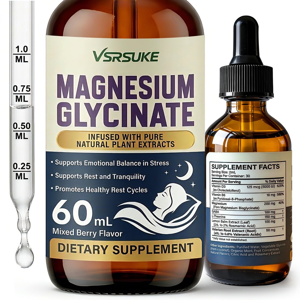 Liquid Magnesium Glycinate Drops for Women - Sublingual Sleep Support & Nighttime Calm with GABA, L-Theanine, Valerian & D3 B6 - High Absorption, Sugar-Free Berry, Vegan, 60ml