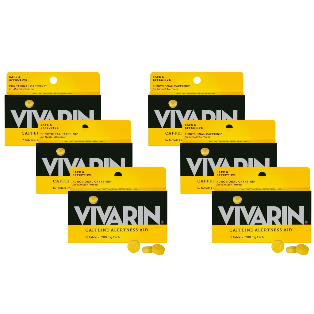 Vivarin, Cafeïne Pillen, 200mg Cafeïne per dosis, veilig en effectief helpt u wakker te blijven, Geen suiker, Calorieën of verborgen ingrediënten, Energiesupplement, 16 tabletten (6 verpakkingen)