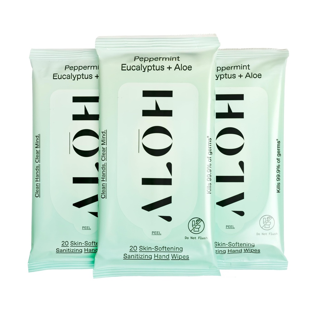 ALŌH Peppermint Eucalyptus + Aloe Sanitizing Hand Wipes - Clean Hands, Clear Mind On The Go Sanitizer for Kids and Adults - Travel Size 3 Pack 20ct Wipes (60 Wipes)