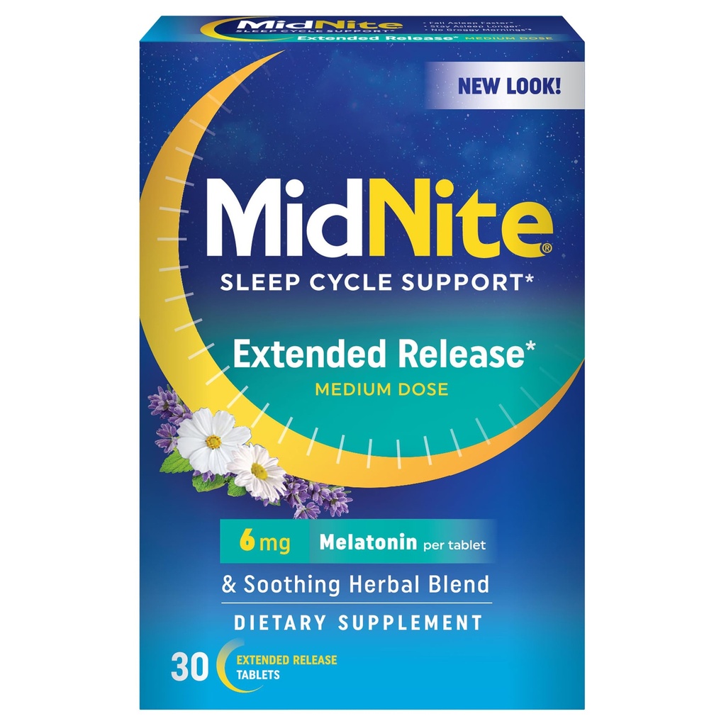MidNite Extended Release Medium Dose, 6 mg Melatonine Slaaphulp, Non-Habit Forming, Kruidendieetsupplement voor volwassenen, Drugvrij, Glutenvrij, Lactosevrij, Vegetarisch, Veganistisch, 30 tabletten
