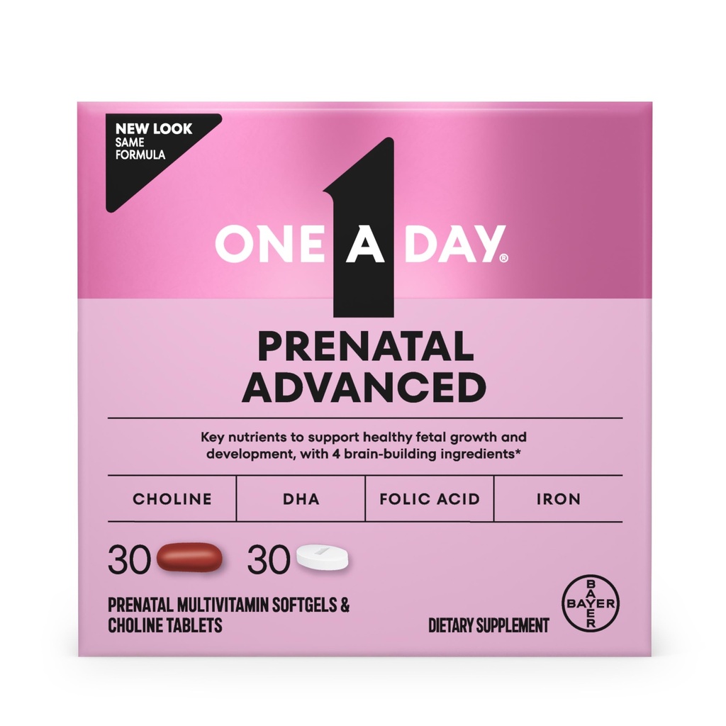 One A Day Prenatal Advanced- Prenatal Vitamins with Folic Acid, Choline, DHA & Iron, Pregnancy Vitamins for Women to Support Baby’s Development, 30+30 Ct (60 Total Set) (Packaging May Vary)