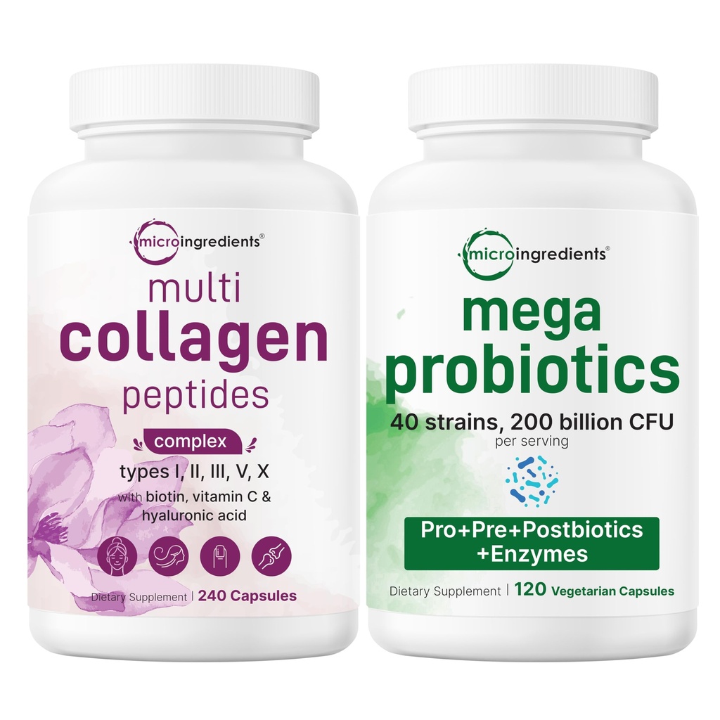 Micro Ingredients 8-in-1 Multi Collagen Pills & Mega Probiotics 200 Billion CFU Veggie Capsules | 2 Pack Bundle | Hydrolyzed Peptides + Hyaluronic Acid & Vitamin C | 40 Strains + Inulin & Bromelain