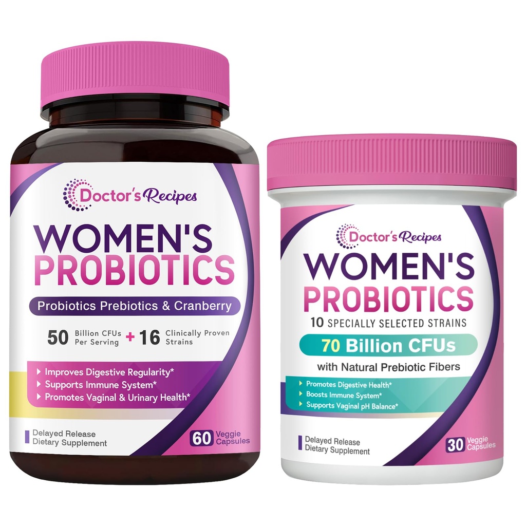 Doctor's Recipes Women's Probiotics Bundle, Feminine Health and GI Support, No Gluten, Pro 50 Billion (60 Capsules) & 70 Billion (30 Capsules)
