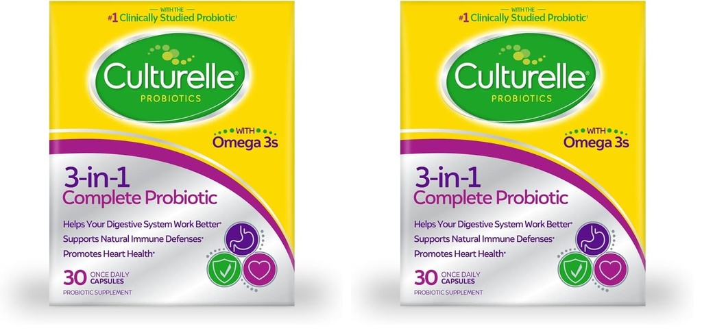 Culturelle 3-in-1 Probiotic Daily Formula, Once Per Day Probiotic Supplement, helpt uw spijsverteringssysteem beter werken, Ondersteunt Natuurlijke Immune Defenses, Plus Omega 3's, Non-GMO, 30 Tellen (Pack of 2)