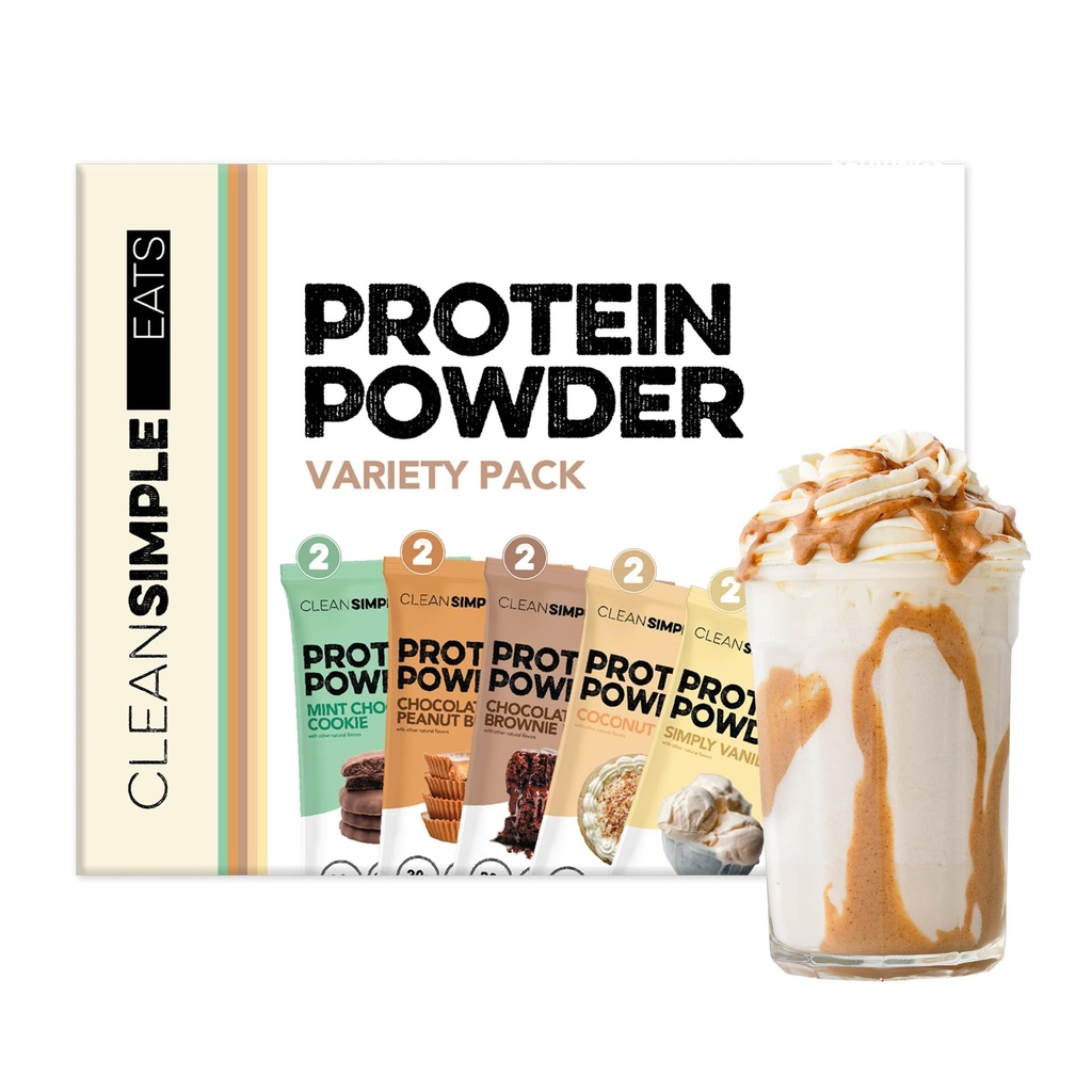 Clean Simple Eats Wei Protein Powder, Variety Pack, Natuurlijk Gezoet Smaken, 100% Grass Fed Protein Powder met Dispensive Enzymes & Geen kunstmatige ingrediënten, Glutenvrij, 10 Single Serve Packs