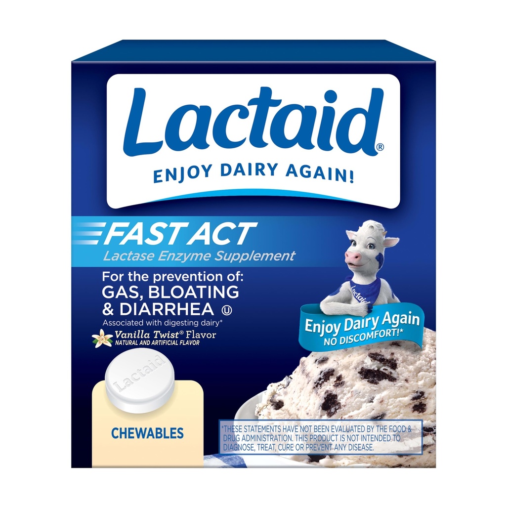 Lactaid Fast Act Lactose Intolerance Relief Chewables with Natural Lactase Enzyme to Prevent Gas, Bloating & Diarree Vanwege Lactose Gevoeligheid, On-the-Go, Vanilla Twist Flavor, 60 x 1 ct