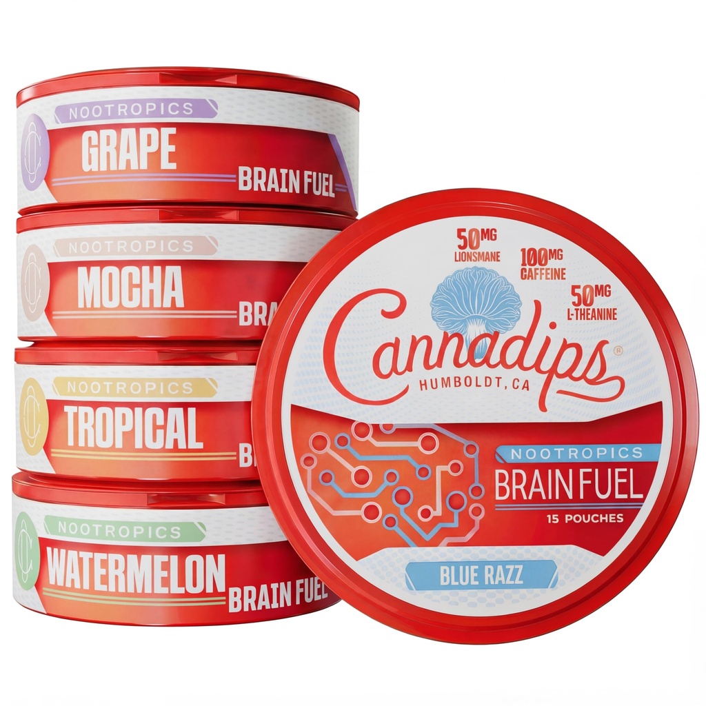 Cannadips - Brain Fuel Variety Pack - Nootropic Cafeine Pouches - 50mg Lion's Mane, 100mg Cafeïne, 50mg L-Theanine, Geen suiker - Clean Energy Brain Fuel for Cognitive Performance, Made in USA (5-PACK)
