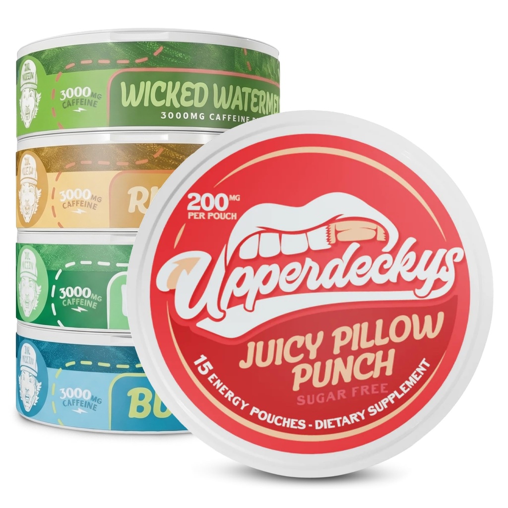 Upperdeckys Cafeïne energie zakjes - 200mg Cafeïne supplement voor energie en focus - Multi-pack Nicotine Gratis Gym Supplementen voor mannen en vrouwen - Geen Jitters, Geen Crash & Dip alternatief - 5 Pack