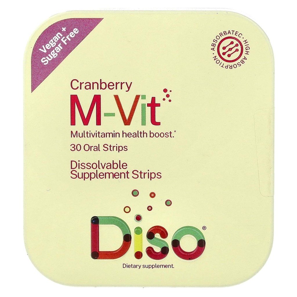 DISO M-VIT Fast-Dissolving Multivitamin Oral Strips, Cranberry Flavor, Vegan, Sugar Free, Gluten Free, Individually Wrapped, Maximum Absorption, 30 Dissolvable Strips