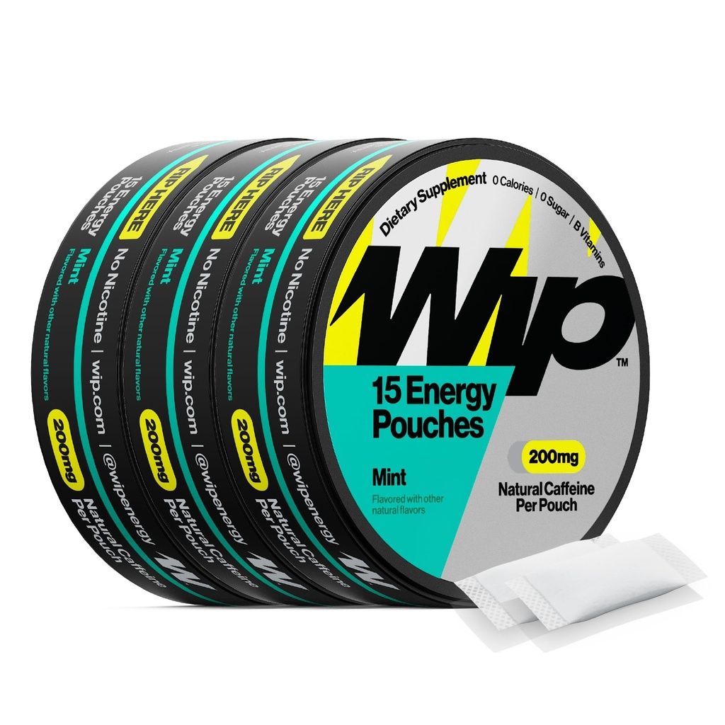 Wip Energy Pouches, Sugar Free Blend with 200 MG Natural Cafeine, B Vitamines, Mineralen & L Theanine for Energy Support, Pre Workout for Active Lifestyles, Mint, 3 Cans, 15 Zakken per blik