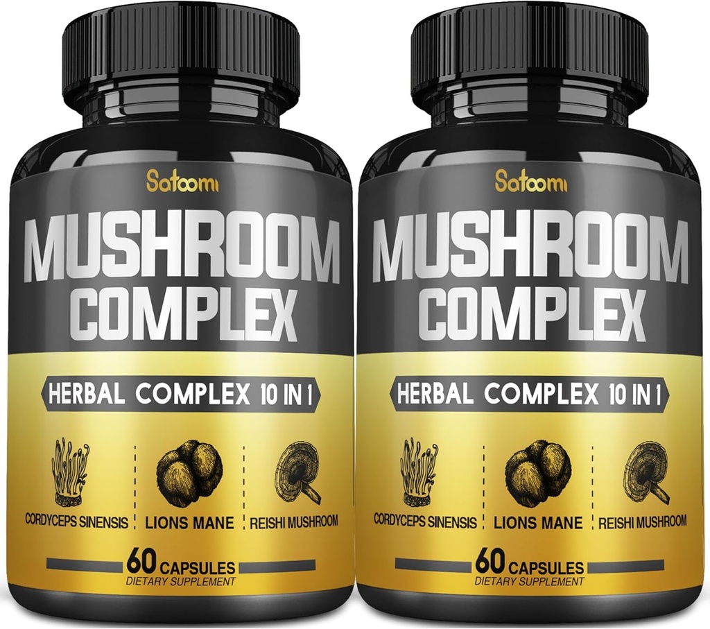 Satoomi 10in1 Paddestoel Complexe Supplementen Capsules - 4 maand levering - Blends with Lions Mane, Cordyceps, Reishi, Chaga, Maitake, Shitake & Others - 2 Packs 60 Capsules