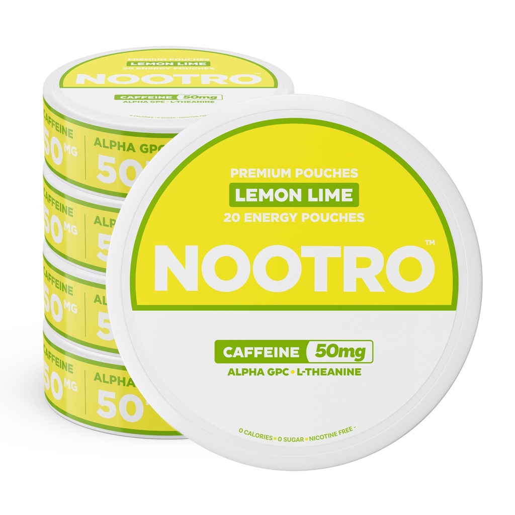 Nootro Cafeine Nootrope Zakjes (Citroen Lime) - Energie zakjes met 50mg Cafeïne, 50mg Alpha GPC, 50mg L-Theanine zonder suiker en geen Calorieën - 20 Zakjes Per Can - 5 Pack