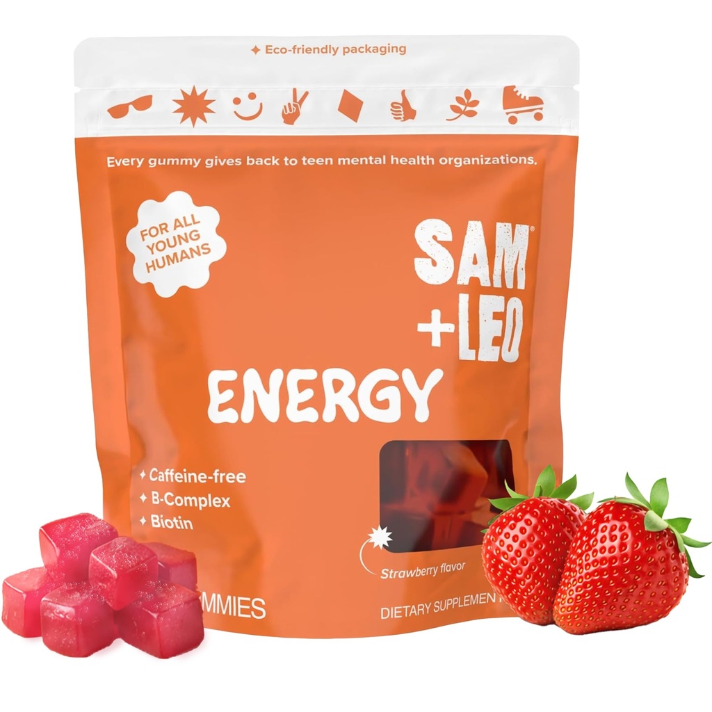 SAM+LEO Vitamin B Complex Gummies with Biotin for Kids & Teens - Caffeine-Free Focus & Energy Support Supplement Gummies | Vegan & Gluten Free Supplement - Strawberry Flavor (60 Count)