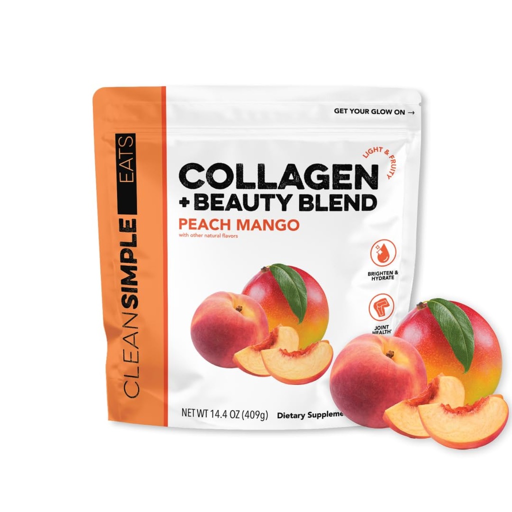 Clean Simple Eats Collagen Powder + Beauty Blend, Peach Mango, 11G Hydrolyzed Collagen Peptides from Grass Fed Bovine & Chicken, Hyaluronic Acid for Hair, Skin, Nail & Joint Support, 30 Servings