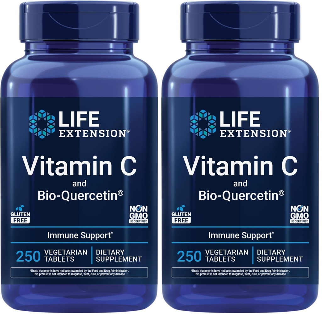 Life Extension Vitamin C en Bio-Quercetin®, Cardiovasculair Health Supplement, Immuun Support,Highly absorbable,quercetin,Vitamin C,Gluten Free,Non-GMO,Vegetarische,250 tabletten,(Pack of 2)