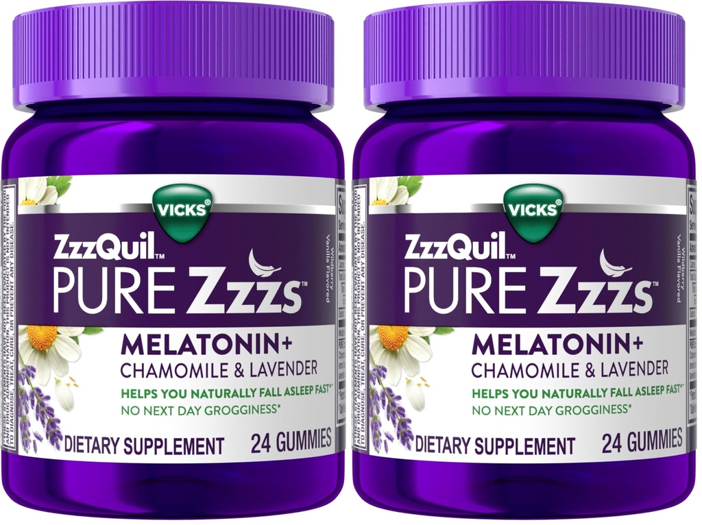 ZzzQuil Pure Zzzs, Melatonin Sleep Aid Gummies with Lavender, Valerian Root and Chamomile, Natural Wildberry Vanilla Flavor, Non-Habit Forming, Drug-Free, 24 Gummies (Pack of 2)