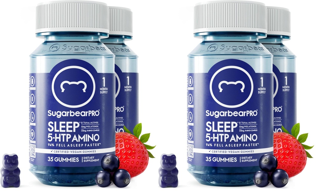 SugarBearPro Sleep Gummy 2 Month Supply, Extra Strength Melatonin 6mg, for Men & Women, Vegan Vitamin B6, L-Theanine, 5 HTP, Valerian, Sleep Aid for Adults & Teens, Certified Kosher (Pack of 2)