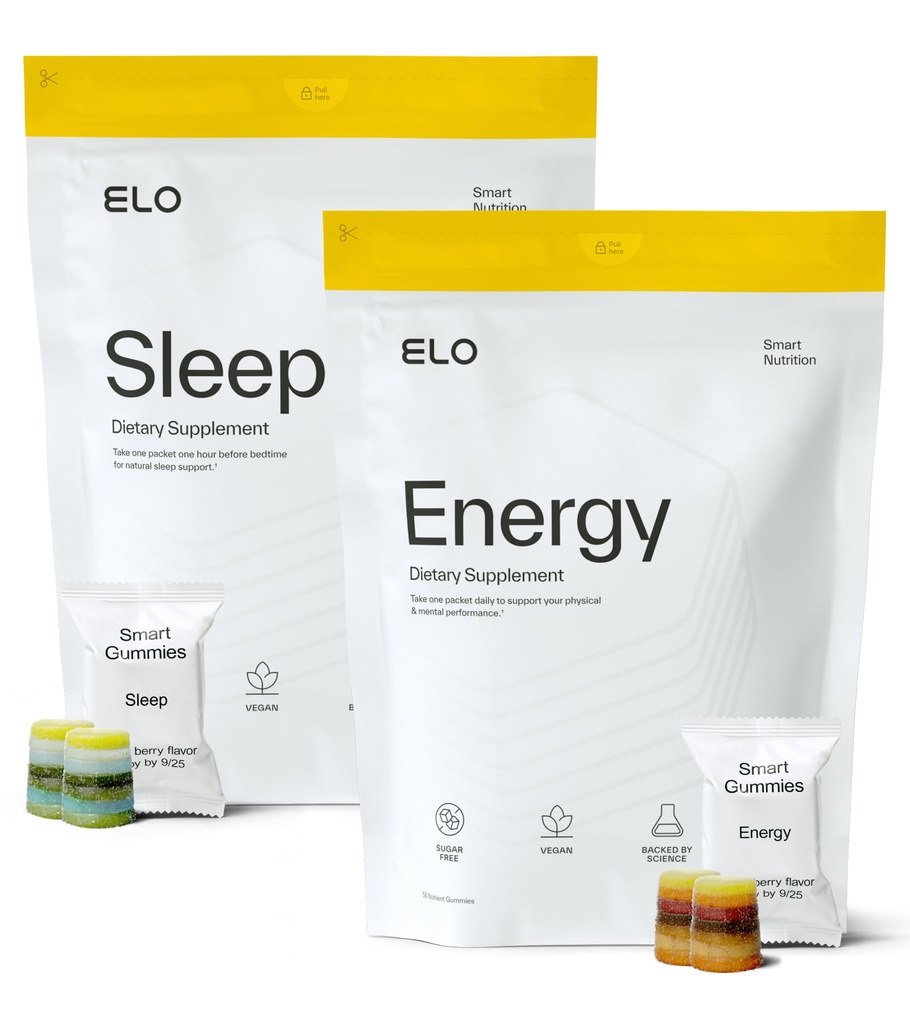 Elo Nootropic Energy and Sleep Gummies Bundle | Citicoline, CoQ10, Ashwagandha, Magnesium and Melatonin | Caffeine-Free, Sugar-Free, Vegan, Non-GMO | 24-Hour Performance System | 28 Servings Each