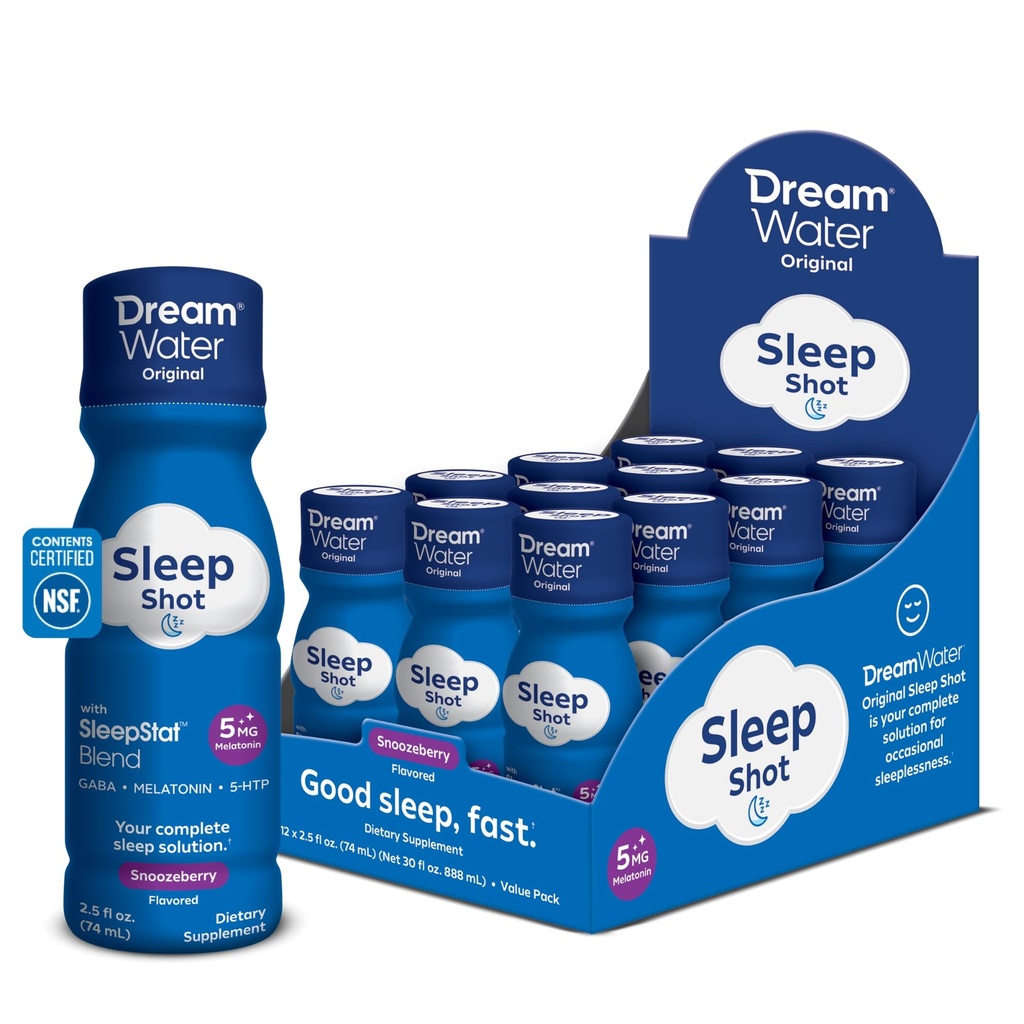 Dream Water Sleep Shots (12 Count) Sleep Aids for Adults - 5mg Melatonin, GABA, 5-HTP - Natural Snoozeberry Flavor (Blue Raspberry) - Liquid Melatonin Supplement - Zero Sugar & Gluten Free - 2.5 oz