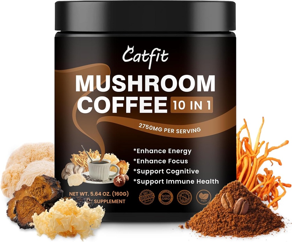 Catfit Mushroom Coffee Powder, 10 paddo Blend Supplementen met Lion's Mane, Chaga, Cordyceps, L-Theanine voor energie, Focus, Cognitive en Immunity, 50 Serving