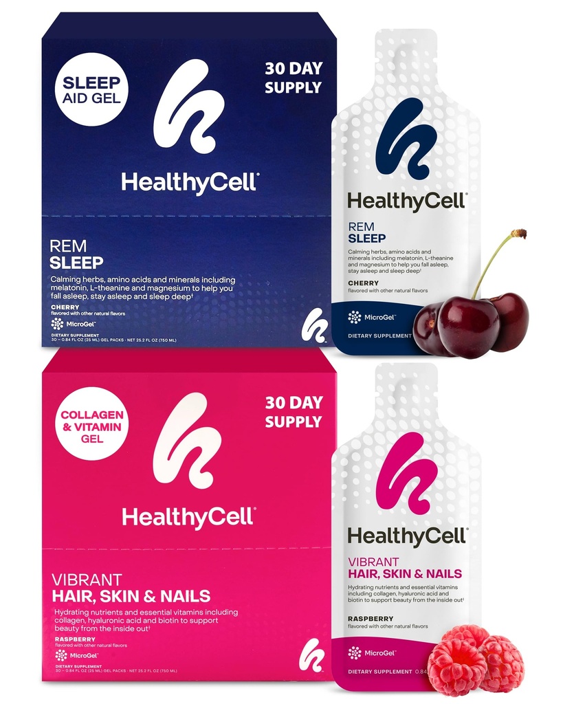 Healthycell REM Sleep Aid Supplement + Vibrant Hair, Skin & Nails Liquid Collagen Supplement for Women & Men Bundle