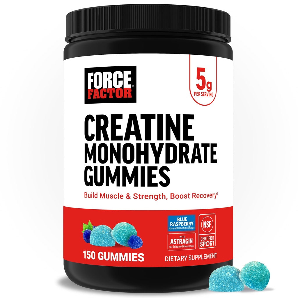 Force Factor Creatine Monohydraat Gummies, NSF gecertificeerd, 5g dosis voor mannen en vrouwen om spier, kracht, herstel, cognitieve gezondheid en geheugen te ondersteunen, verpakking mei Vary, Blue Raspberry, 150 Gummies