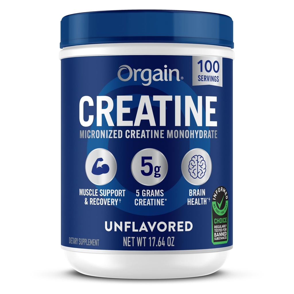 Orgain Creatine Monohydraat Micronized Powder, 100 Servings, Unflavored, Ondersteunt Spiergroei, Post Workout Herstel en Hersengezondheid, Geen kunstmatige additieven, voor mannen en vrouwen (Verpakking mei Vary)