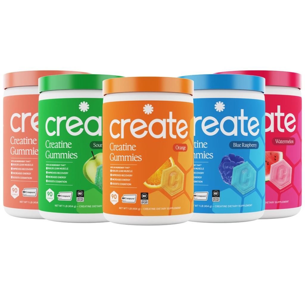 Create Create Createine Monohydraat Gummies - High Five Bundle - Sour Peach, Sour Apple, Watermeloen, Blue Raspberry & Orange - Createine Gummies for Women & Men, NSF Certified, 3rd Party Tested, (5-Pack)
