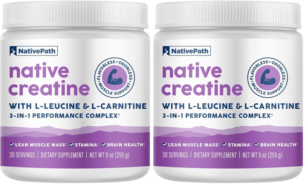NativePath Creatine Monohydraat Poeder met L-Leucine & L-Carnitine - Muscle Building Supplement voor mannen en vrouwen - 30 porties (pakket van 2)