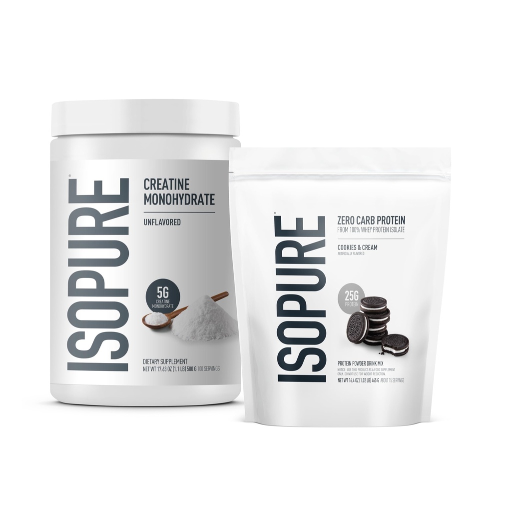 Isopure bundel Zero Carb 100% Pure Wei Isolaat Proteïne Poeder, Cookies & Crème, 25g Proteïne Per Serving, 1 Lb, 15 Servers + Isopure 100% Pure Creatine Monohydraat Poeder, 100 Servers
