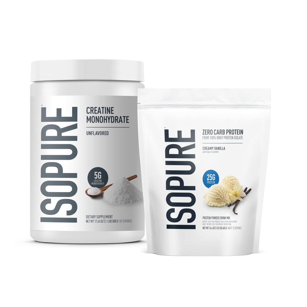Isopure bundel Zero Carb 100% Pure Wei Isolaat Proteïne Poeder, Romige Vanille, 25g Proteïne Per Serving, 1 Lb, 14 Servers + Isopure 100% Pure Creatine Monohydraat Poeder, 100 Servers