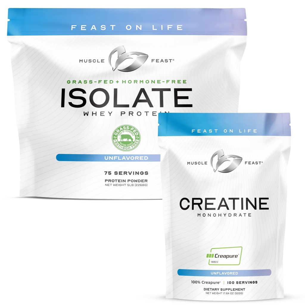 Muscle Feast Creapure Creatine Monohydraat - Unflavored 500g (x1) en Isolaat Wei Proteïnepoeder - Unflavored 5lb (x1) - Muscle Recovery and Performance Bundle