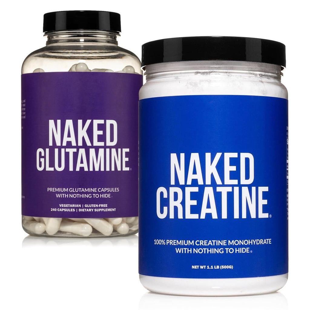 NAKED Pure Micronized Creatine Monohydraat 100 Serves + Pure L-Glutamine 240 Capsules Bundel: Vegan, Non-GMO, Glutenvrij. Minimaliseer Spierverdeling en Verbeter eiwitsynthese. Niets kunstmatigs