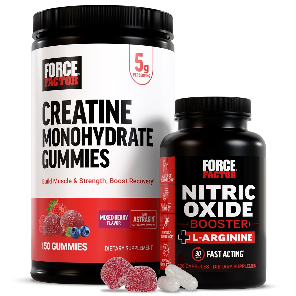 Force Factor Creatine Gummies, 5 Gram Creatine Monohydraat, Mixed Berry, 150 Gummies, 30 Servings Nitric Oxide Booster, Snelwerkende Formule met L-Arginine, 120 Capsules