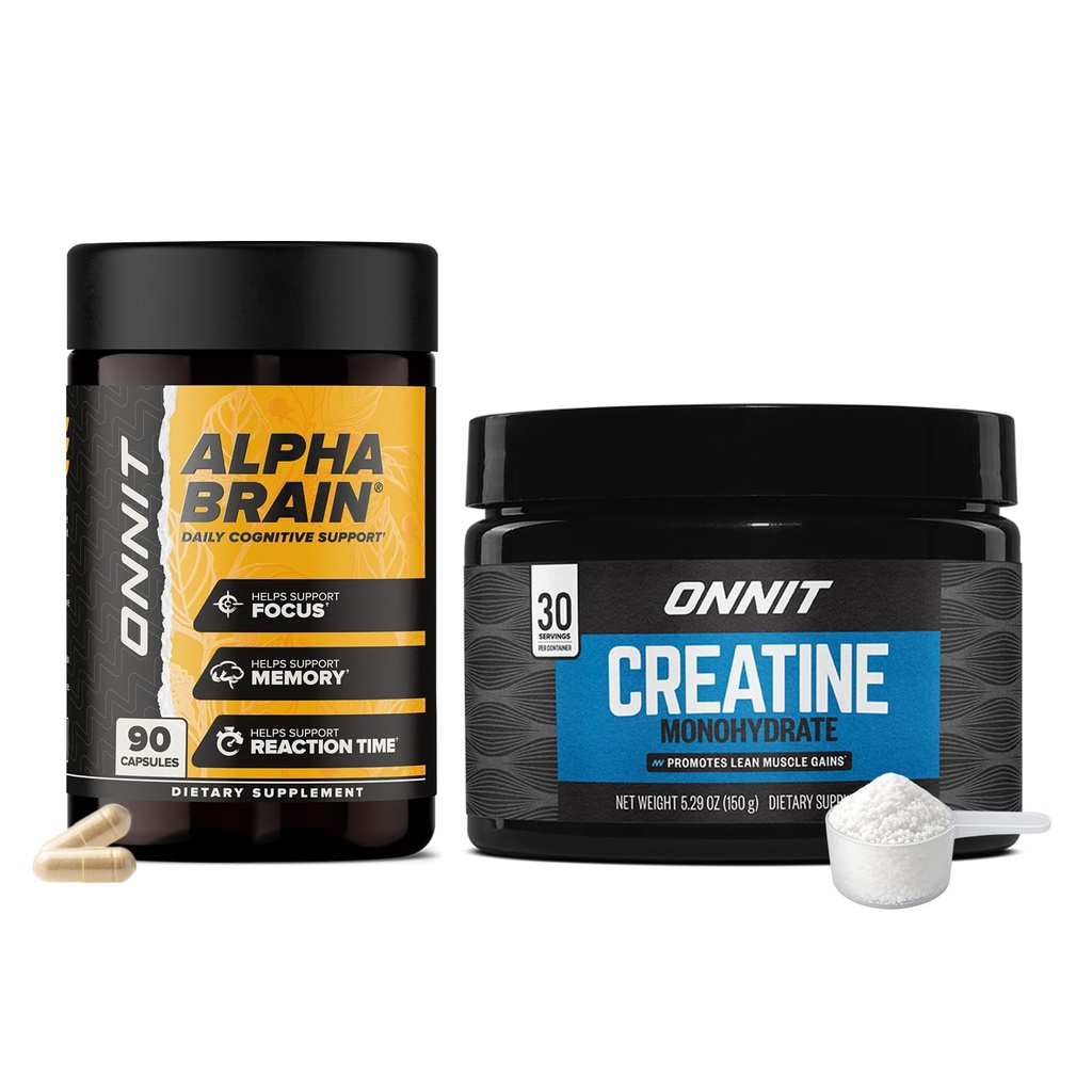 ONNIT Cognitive & Strength Performance Bundle: Alpha Brain Nootropic Capsules (90 Count) + Creatine Monohydrate Powder (30 Servings), IGEN Non-GMO Tested Focus, Strength & Lean Muscle – Pack of 2
